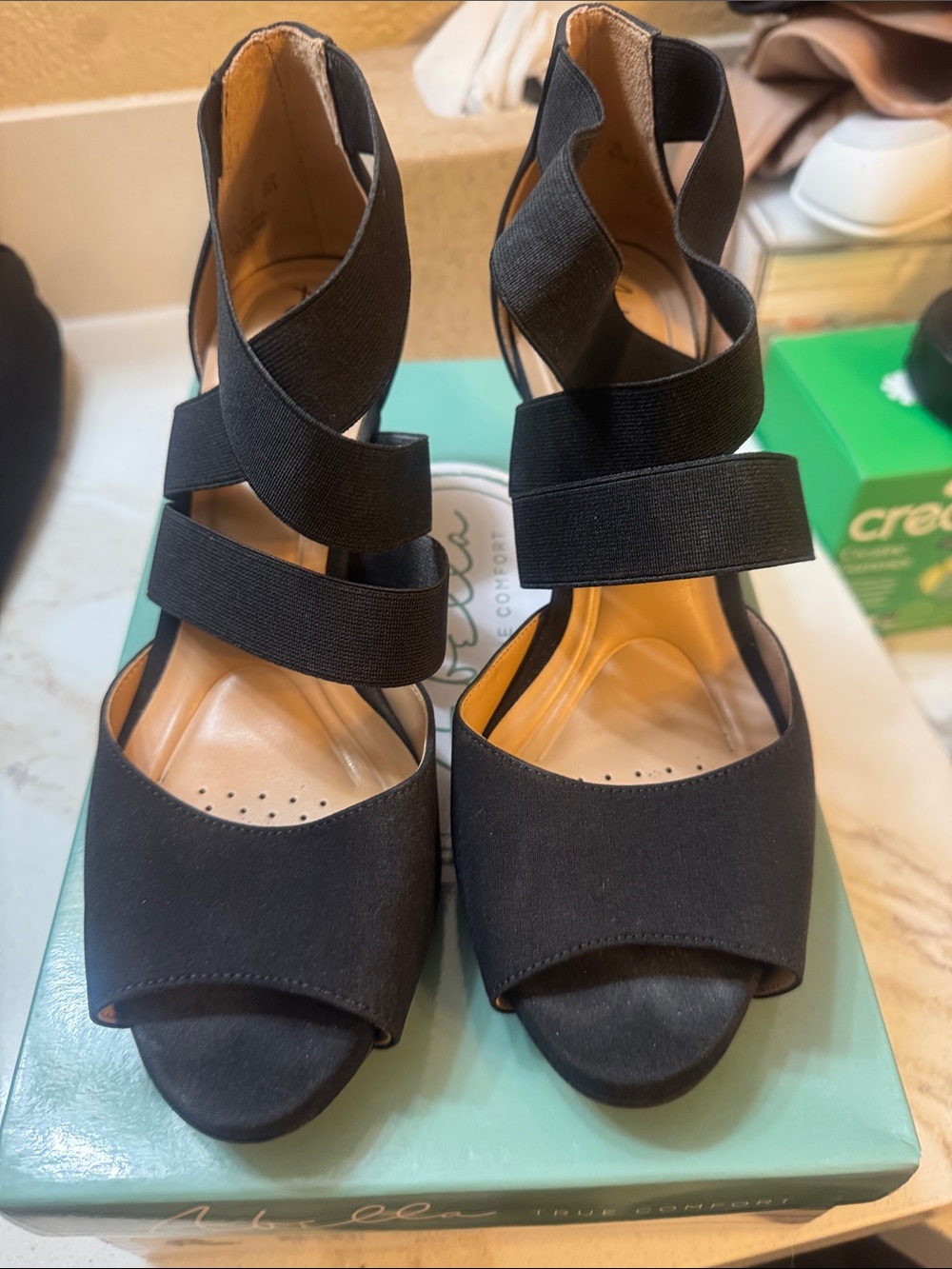 Abella Black Strappy Peep-Toe Heels